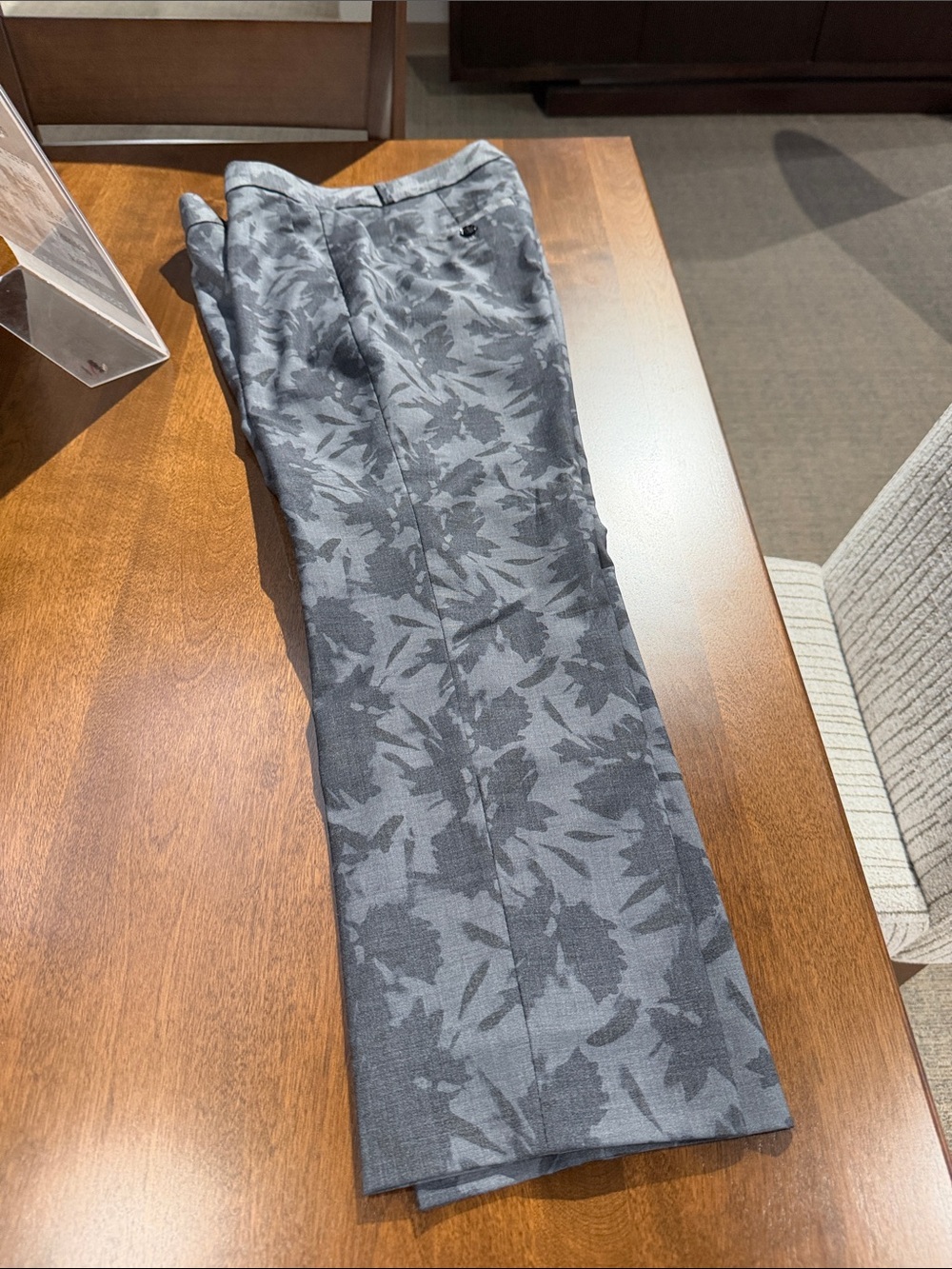 Ladies Grey Floral-Pattern Dress Pants